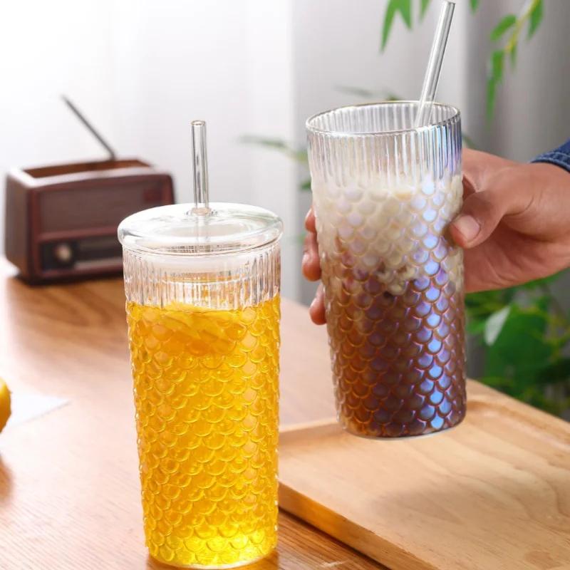 Fish Scale Pattern Cover Band Straw Glass Summertime Cold Water Bottle Milk Tea Cup High Appearance Level Juice Glass Coffee Cup