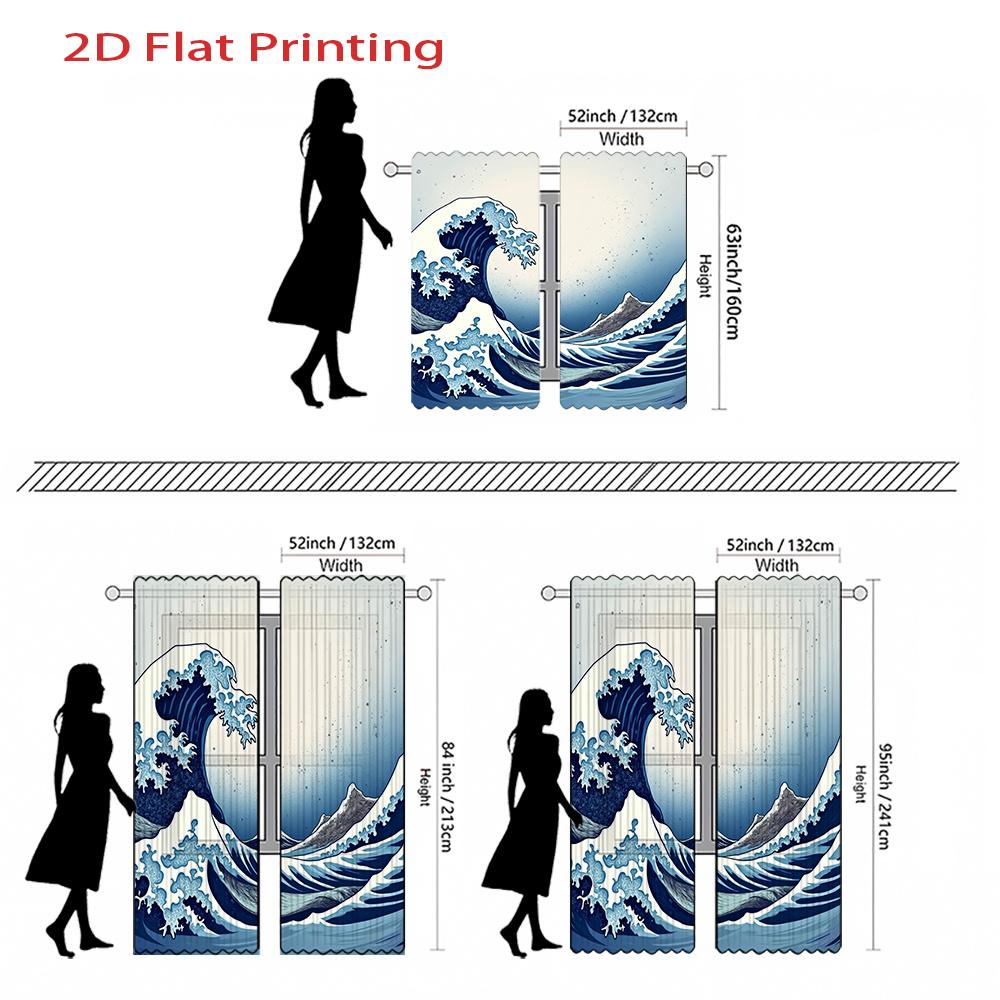 Set Of 2 Flat Printing Blue White Wave Japanese Style Curtains Polyester Fabric Semi Curtain Light Filtering Made With Rod Pocket