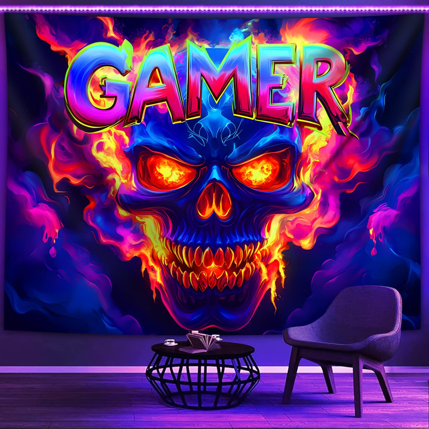 Cyber Skull Gaming Tapestry Neon Flame Gaming Room Bohemian Bedroom Room Decorative Art Backdrops 100X70CM