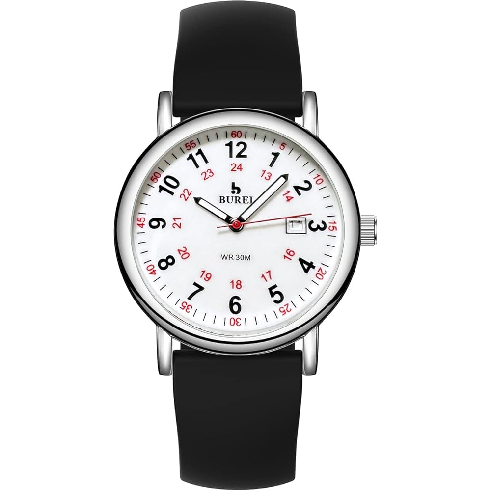 BUREI Women s Analog Quartz Watch Waterproof Date Slim Luminous Silicone Band Casual Business Black/White