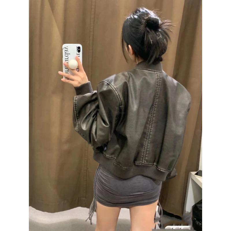 Vintage Jacke Herbst Damen Kunstleder Slim Pendler Stil Mantel Urban Chic