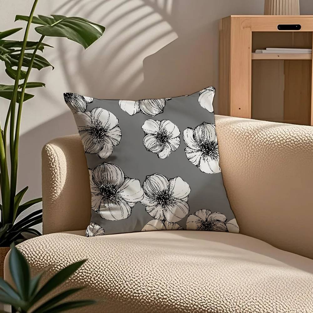 Svartvit Växtmönster Blad Kuddfodral Komfort Soffa Säng Silkeslen Elegant Dold Dragkedja Anpassad Dekorativ Kuddeöverdrag