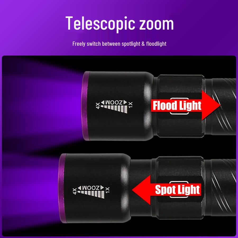 Rechargeable Handheld Flashlight with White Light and UV for Fungus Detection and Currency Verification