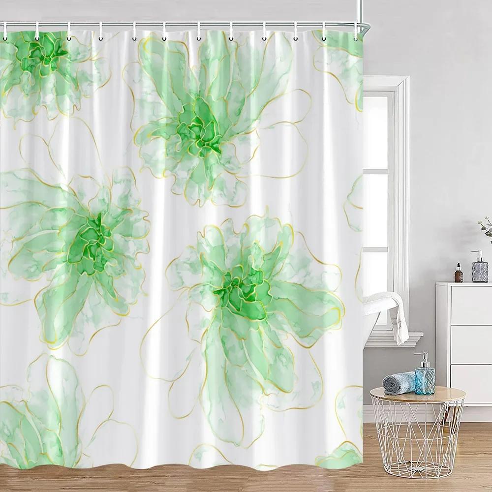Simple Style Flower and Leaf Shower Curtain Golden Line Abstract Bathroom Decoration Modern Polyester Fabric Shower Curtain