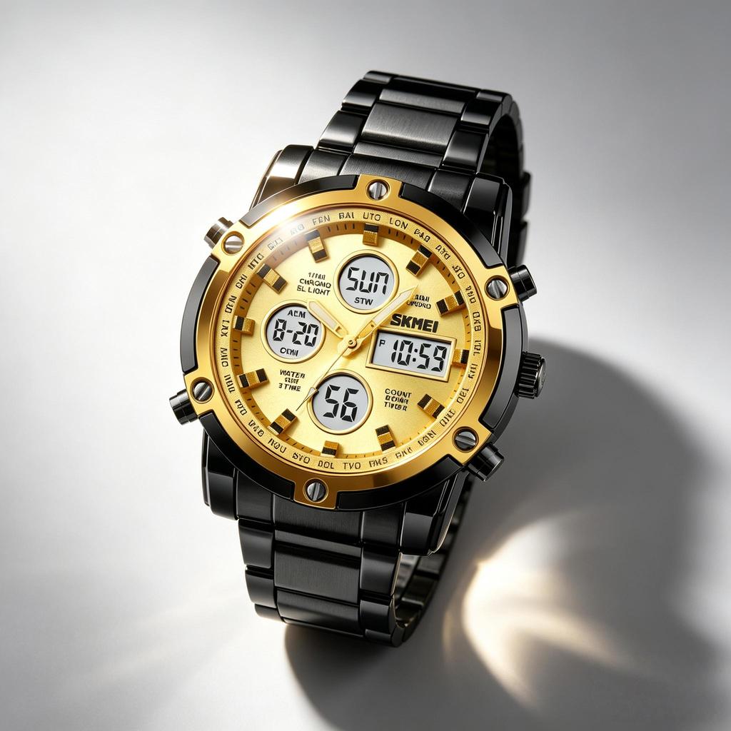 Orologio Digitale da Uomo SKMEI Triplo Fuso Orario Doppio Display Acciaio Inossidabile 1389