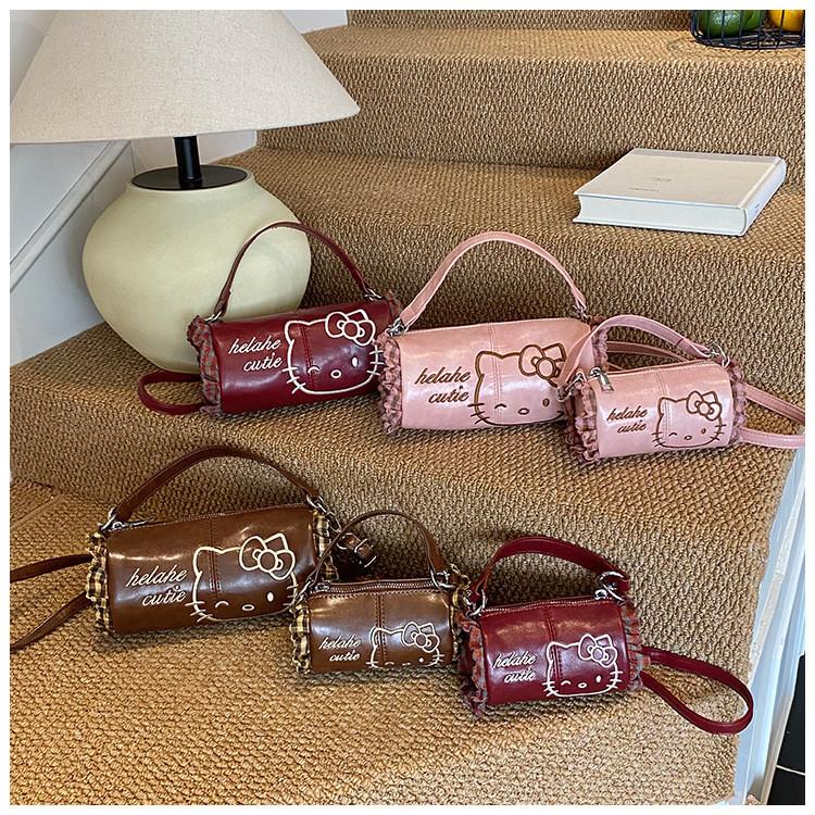 Borsa a Spalla Singola Cilindrica con Decorazione in Pizzo a Rete Ricamato Hello Kitty per Donna