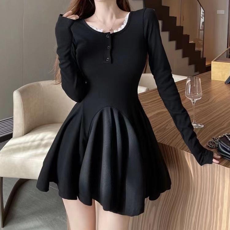 

Grey Spice Girl Long Sleeve Dress Women s Autumn Waist A-Word Skirt 2XL сірий колір