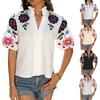 Women's Fashion Solid Color V Neck Embroidered Floral Short Sleeved Pullover T-shirt Top