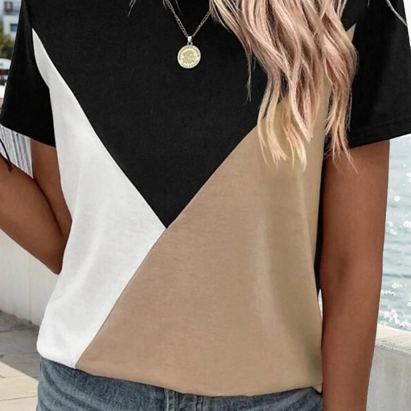Womens Loose Fit Short Sleeve T-Shirt With 3D Digital Color Block Print Round Neck Casual Top