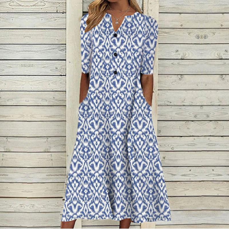Floral Print V-Neck Mid-Sleeve Casual Dress with Pockets, Button Front, Loose Fit - White/Light Blue/Pink