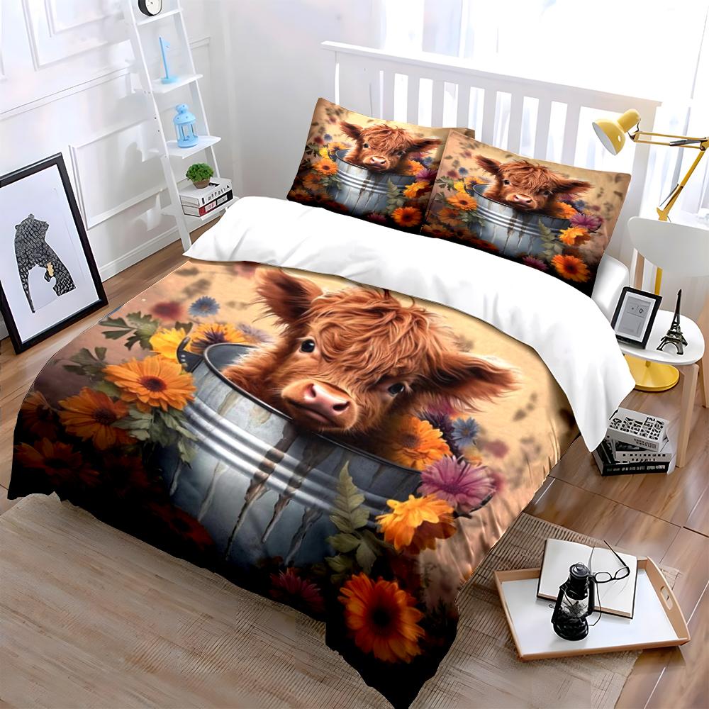 Highland Cow with Flowers Bedding Set Bedding set (1 duvet cover, 2 pillowcases, duvet not included)