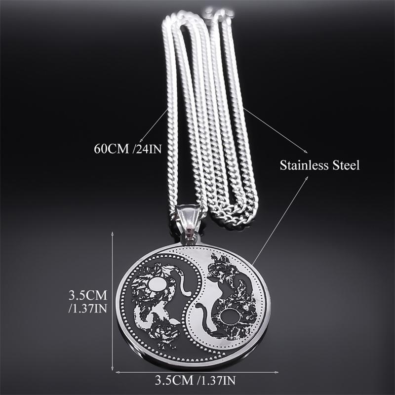 Yin Yang Cat Tai Chi Taoism Pendant Necklace for Women Men Stainless Steel Round Hip Hop Punk Chain Necklaces Jewelry N2521S05