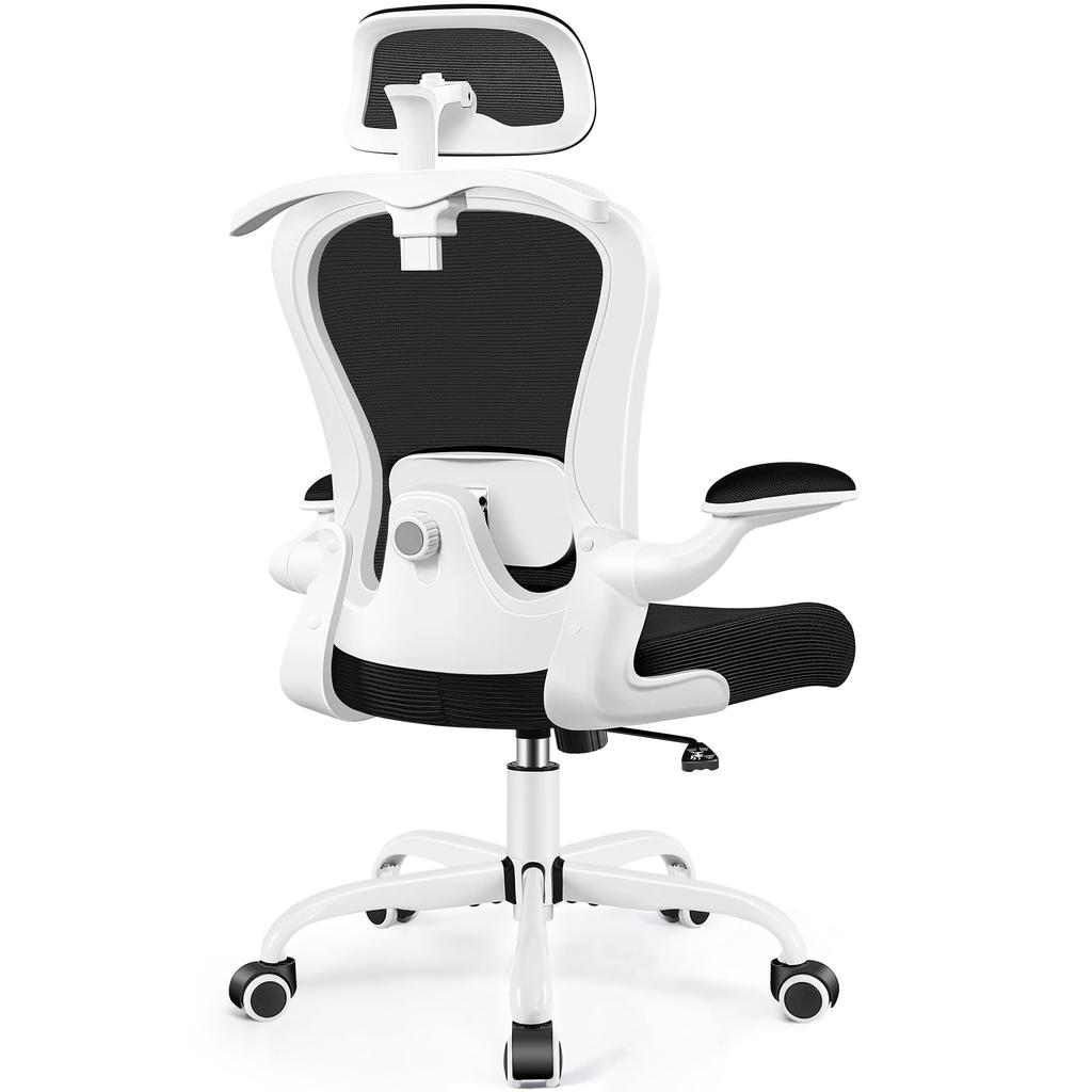 Scaun de birou Primy cu suport lombar din plasă, rotativ 360 de grade, mobil pentru birou, lucru de acasă de pe scaun alb, telemuncă, cu suport pentru haine fără șifonare, studiu, ergonomic, cu rotile,