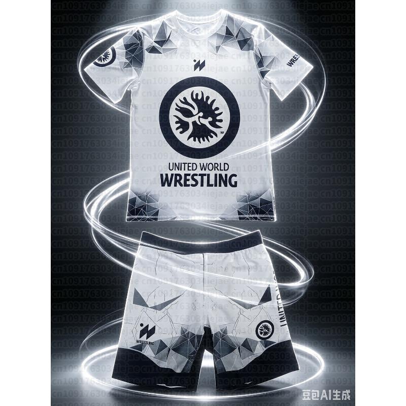 2026 New Summer Men Kid United World Wrestling Sportswear Set Short Sleeve T Shirt and Shorts for MMA Training Lightweight