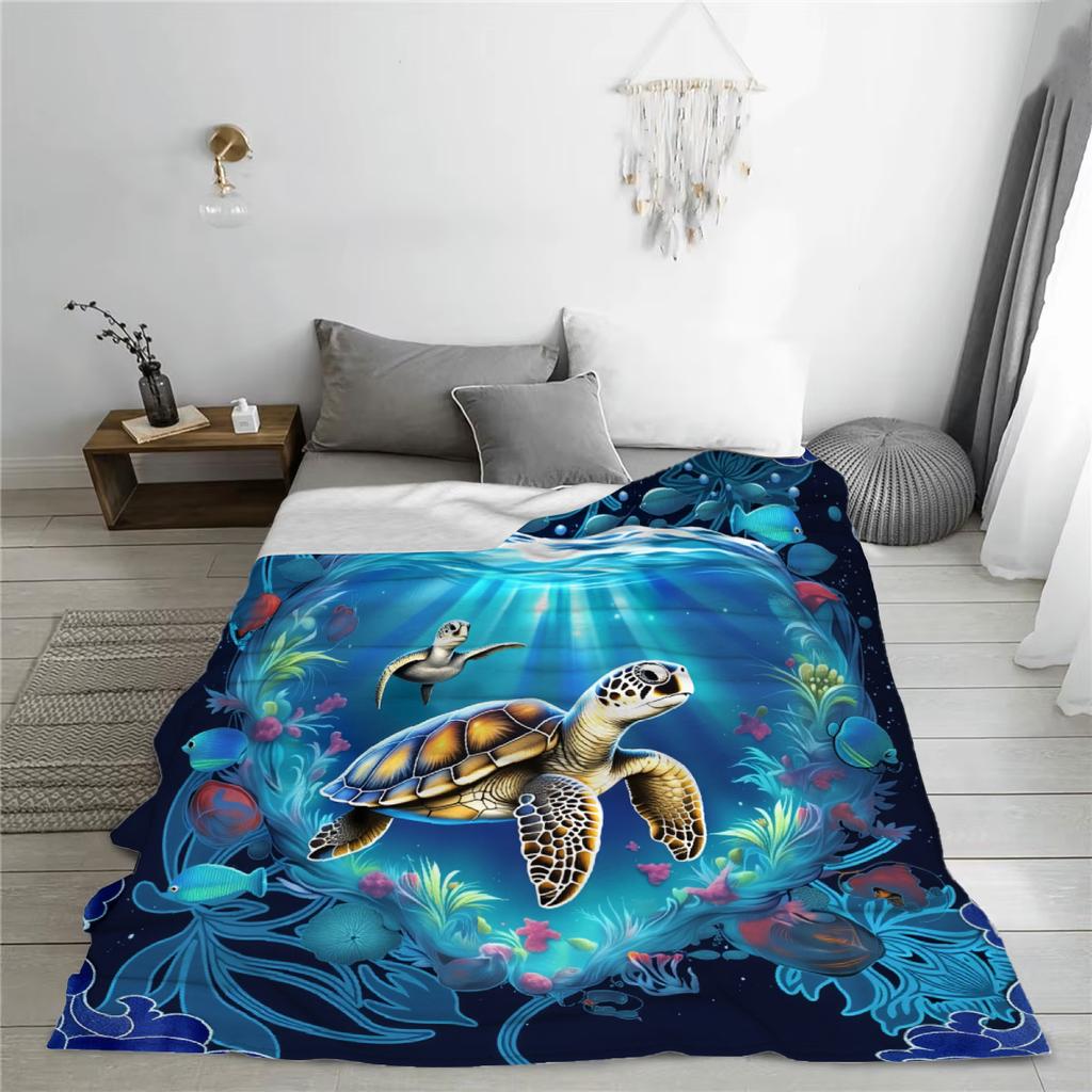 1pc Blue Blanket Sea Turtle 3D Printed Comfortable Flannel Blanket for Home Living Room Bedroom Decor Birthday Gift