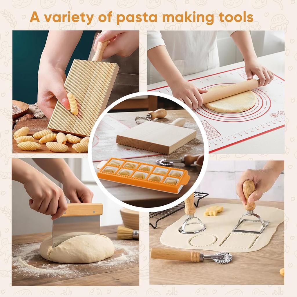 Pastamaker Set 10 Delen, Houten Pastamaker Gereedschap met Deegroller & Plank, Ravioli Stempel en Dumpling Ravioli Vorm Kit voor Italiaanse Pasta, Ravioli