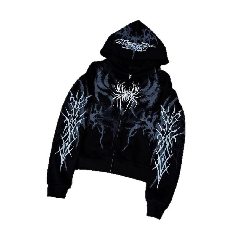 Oversized Gothic Vintage Hooded Sweatshirt With Rhinestone Print Long Sleeve Zip-Up Women
