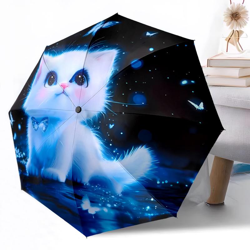 Flauschige Katze Fantasy Tragbarer Automatischer Regenschirm mit 8 Speichen Leichter Ganzjahres-Regenschirm für Reisen Outdoor-Zubehör