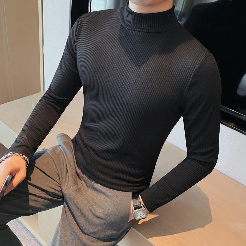 Smart Casual Podzimní Nové Pánské Klopové Jednobarevné Polovysoký Límec Jednoduchost Móda Slim Spodní Tričko Dlouhý Rukáv Trička Topy