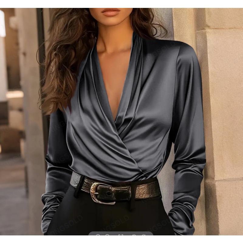 women's Satin Surplice V Neck Elegant Blouse Long Sleeve Shirt Casual Top