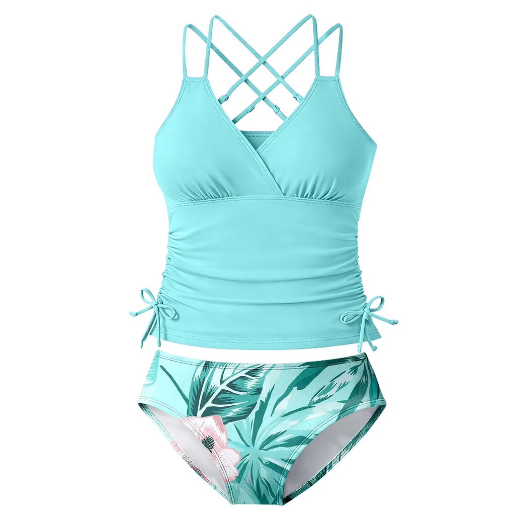 Girls Two Piece Swimsuit Tankini Set Adjustable Straps Palm Leaf Print Bottoms Summer Beach Swimwear for Kids