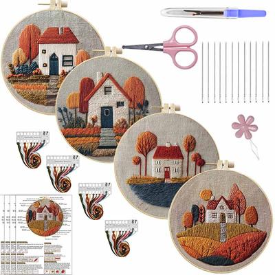 1 conjunto Kit de Materiais para Bordado DIY de Casa de Campo de Outono Estilo Desenho Animado, incluindo ferramentas fáceis para iniciantes e tutoriais de pontos, saco de material de tecido para bordado