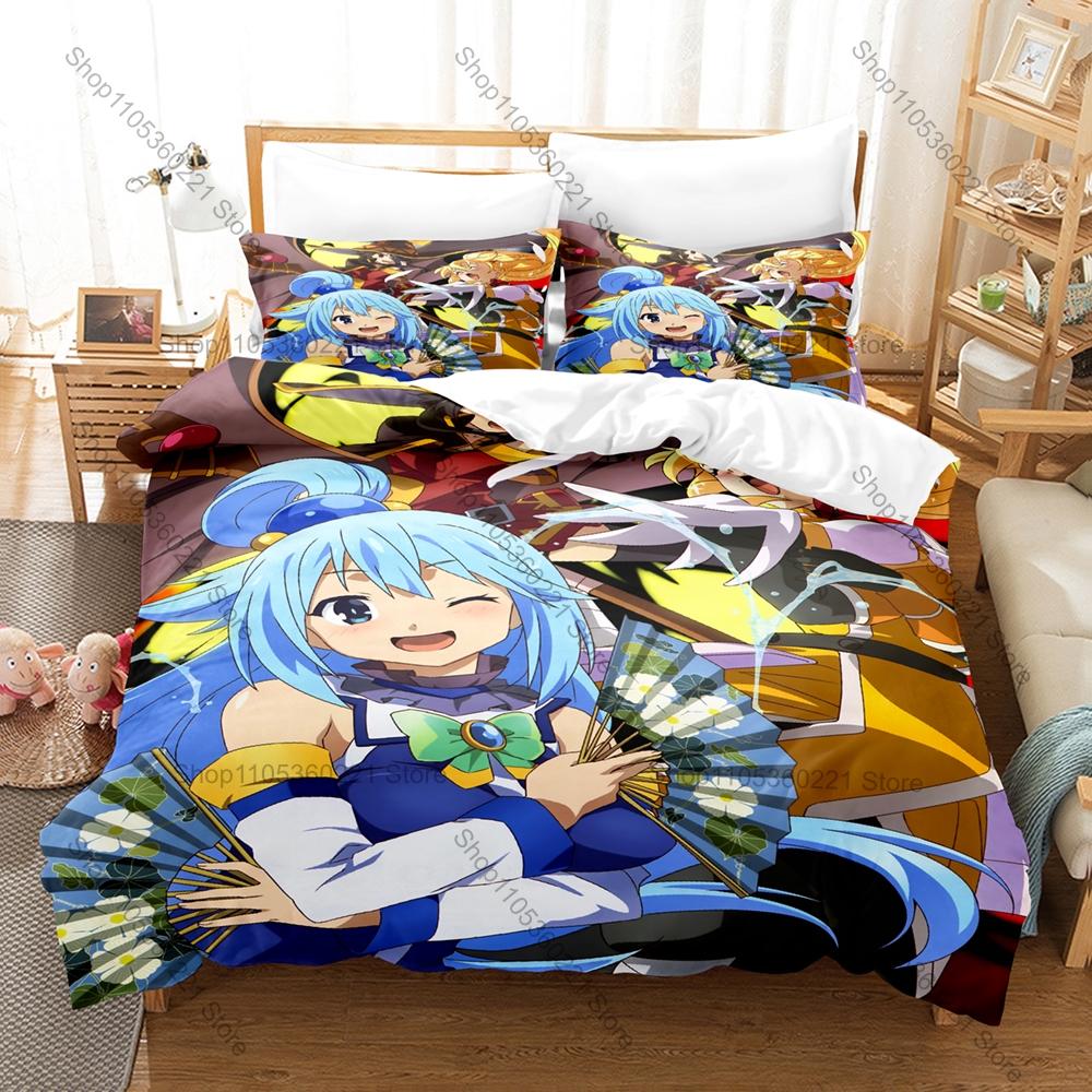 KonoSuba Bright Colorful Isekai Fantasy Hilarious Adventure Mage Goddess Knight Anime Bedding Set Duvet Cover + 2 Pillowcases