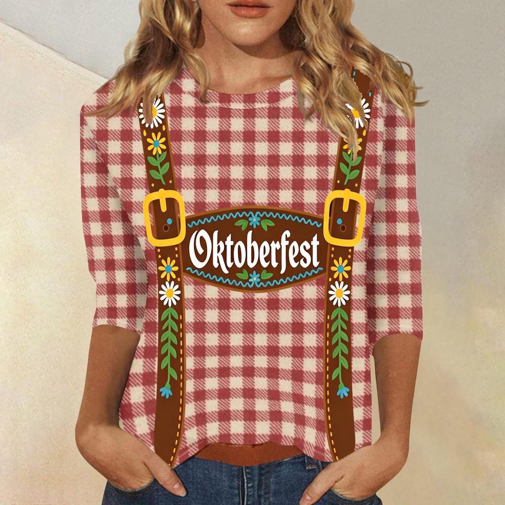 Damen Casual Dreiviertelarm Oktoberfest-Aufdruck Rundhals-Shirt Gestreiftes Muster Oktoberfest-Thema Oberteil