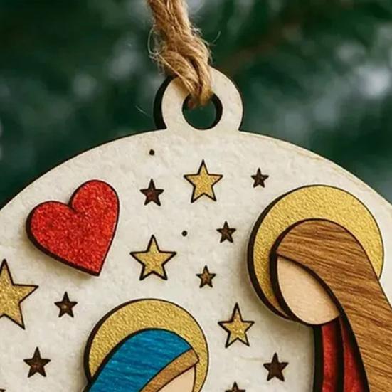 Nativity Scene Wooden Ornament Handcrafted Jesus Birth Scene for Christmas Tree Decor 3.25 Inch