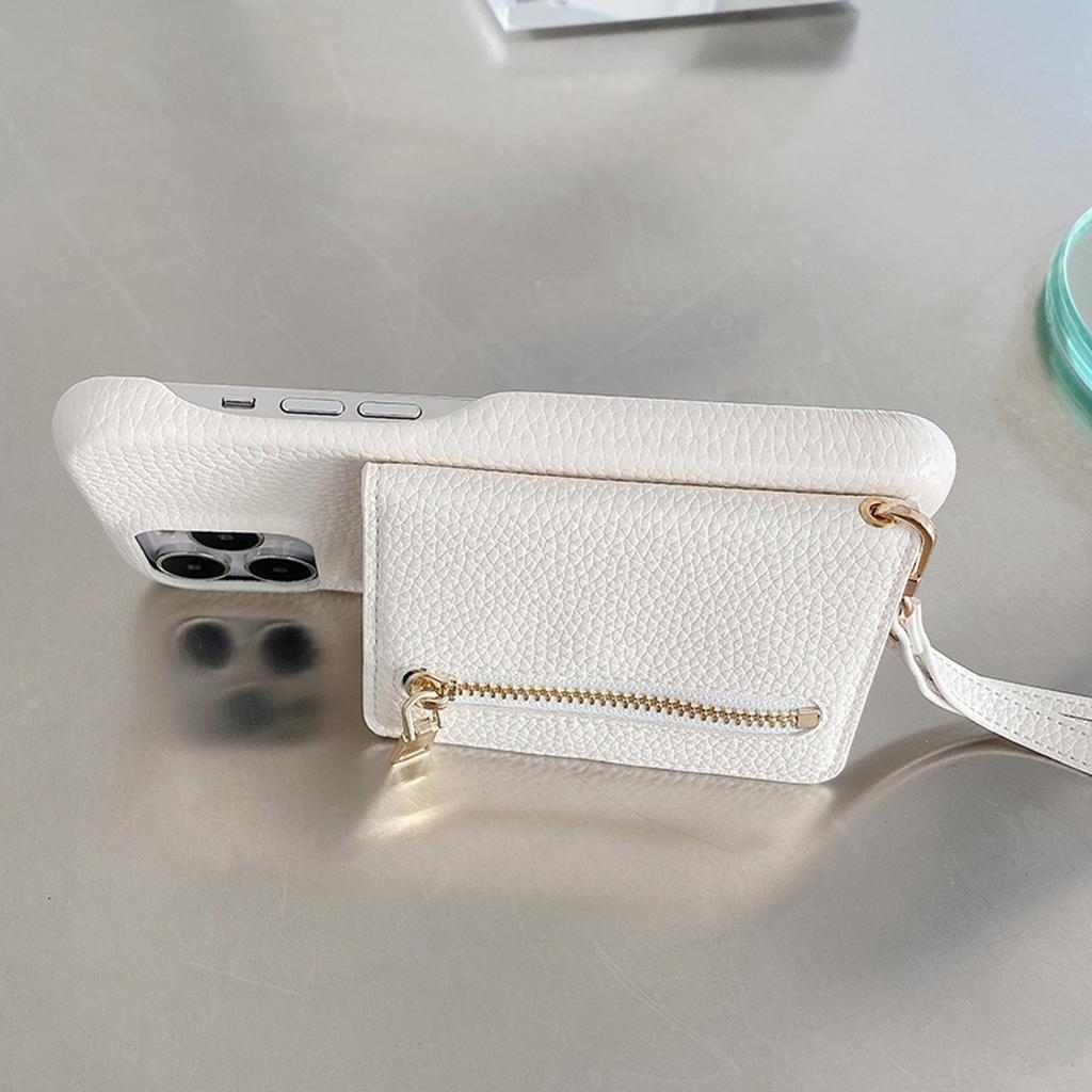 For iPhone 14 Pro Max Case Card Slots Kickstand PU Leather Back Cover with Zipper Pocket, Wrist Strap