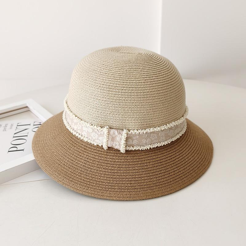 Elegant splicing top hat straw bucket hat women's summer seaside vacation sun protection UV shade straw hat