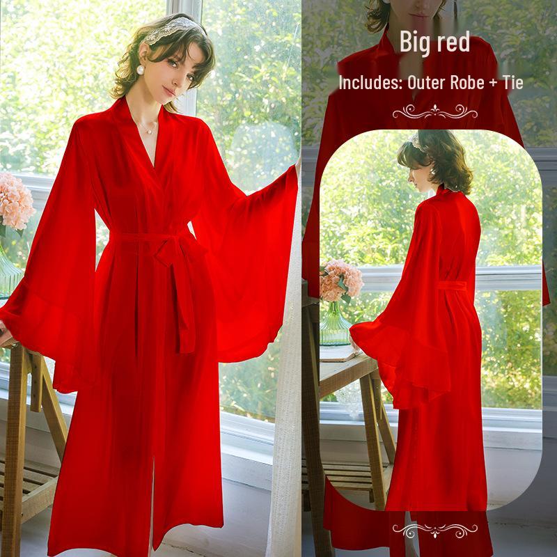 Luxurious Satin Tie-Waist Bell Sleeve Bathrobe - Available In Red, Black, and White