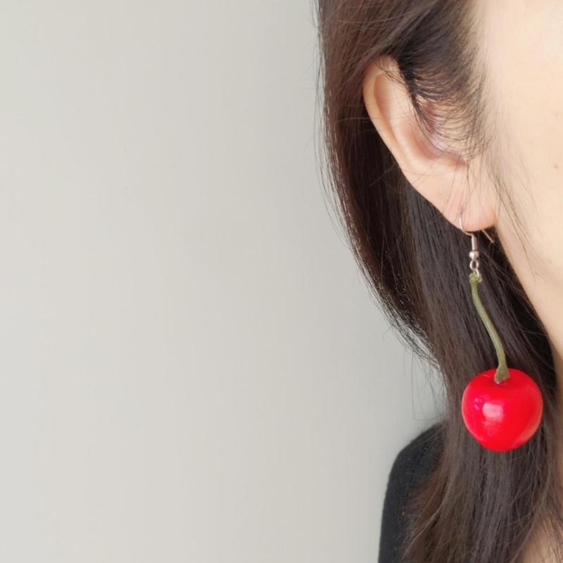 3D Red Cherry Fruit Drop Dangle Earrings Plastic Fruit Sweet Funny Ear Clips for Women Girls Tassels Aesthetic Jewelry