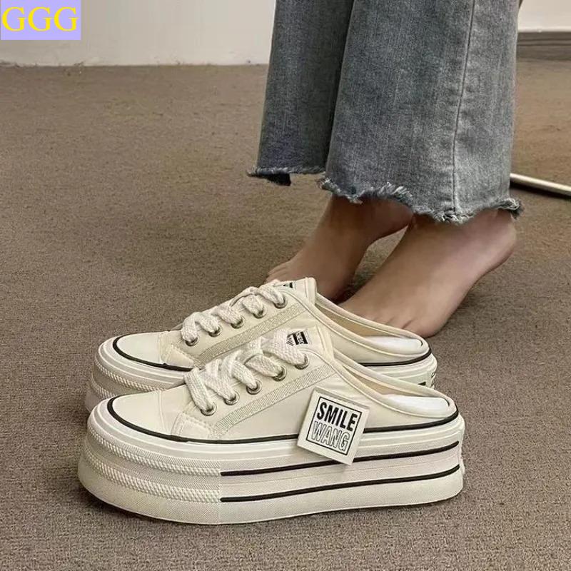 2025 Summer New Thick Slippers Fashion Casual Women Canvas Bottom Heightening Sandals Female Indoor Baotou Low Sneakers