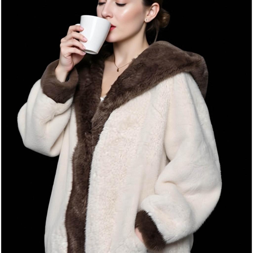 Autumn and winter contrasting color splicing plush jacket women's fur integrated hooded fur casual coat temperament commuting