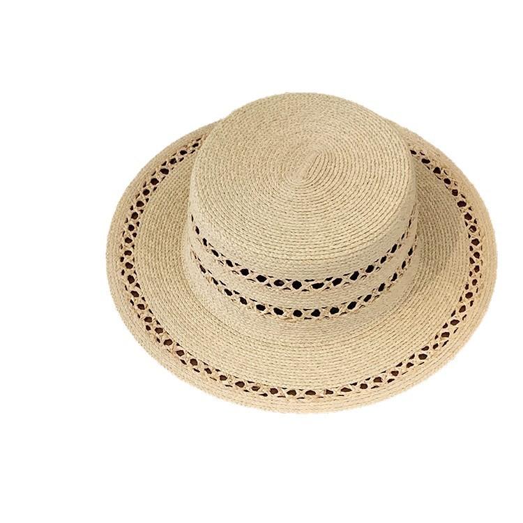 Hand-woven flat-top Lafite straw hat women's summer new hat hollow sunshade sunscreen hat French top hat