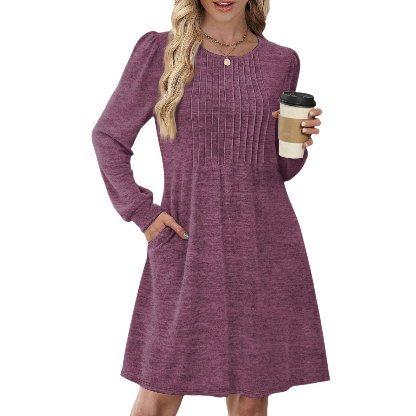 

Women s Long Sleeve Pleated Round Neck Solid Color Casual Dress With Pockets XL фіолетовий