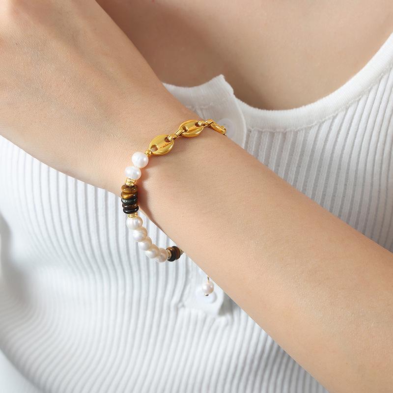 Elegant Retro Tiger Eye & Pearl Necklace Bracelet Set for Women