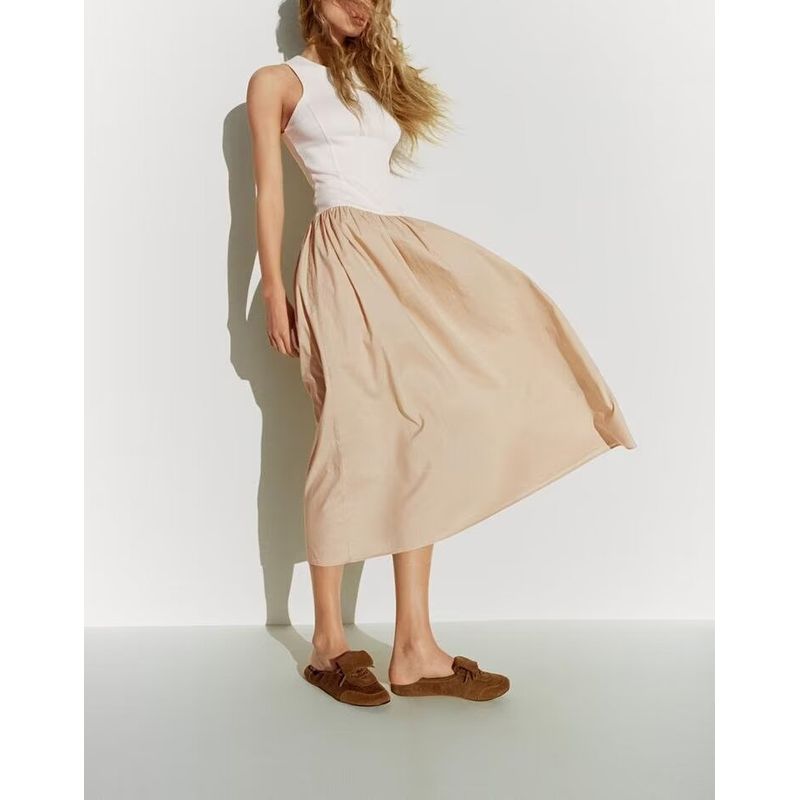 Spring New Arrival French Style Design Niche Style Round Neck Sleeveless A- Line Skirt Mid-Length Patchwork Dress 0085310