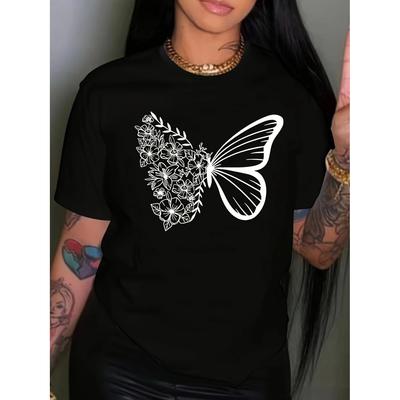 Blend Crew Neck Short Sleeve Perfect for Spring Chic Butterfly Graphic Tee for Women - Comfy Polyester Aesthetic Clothes