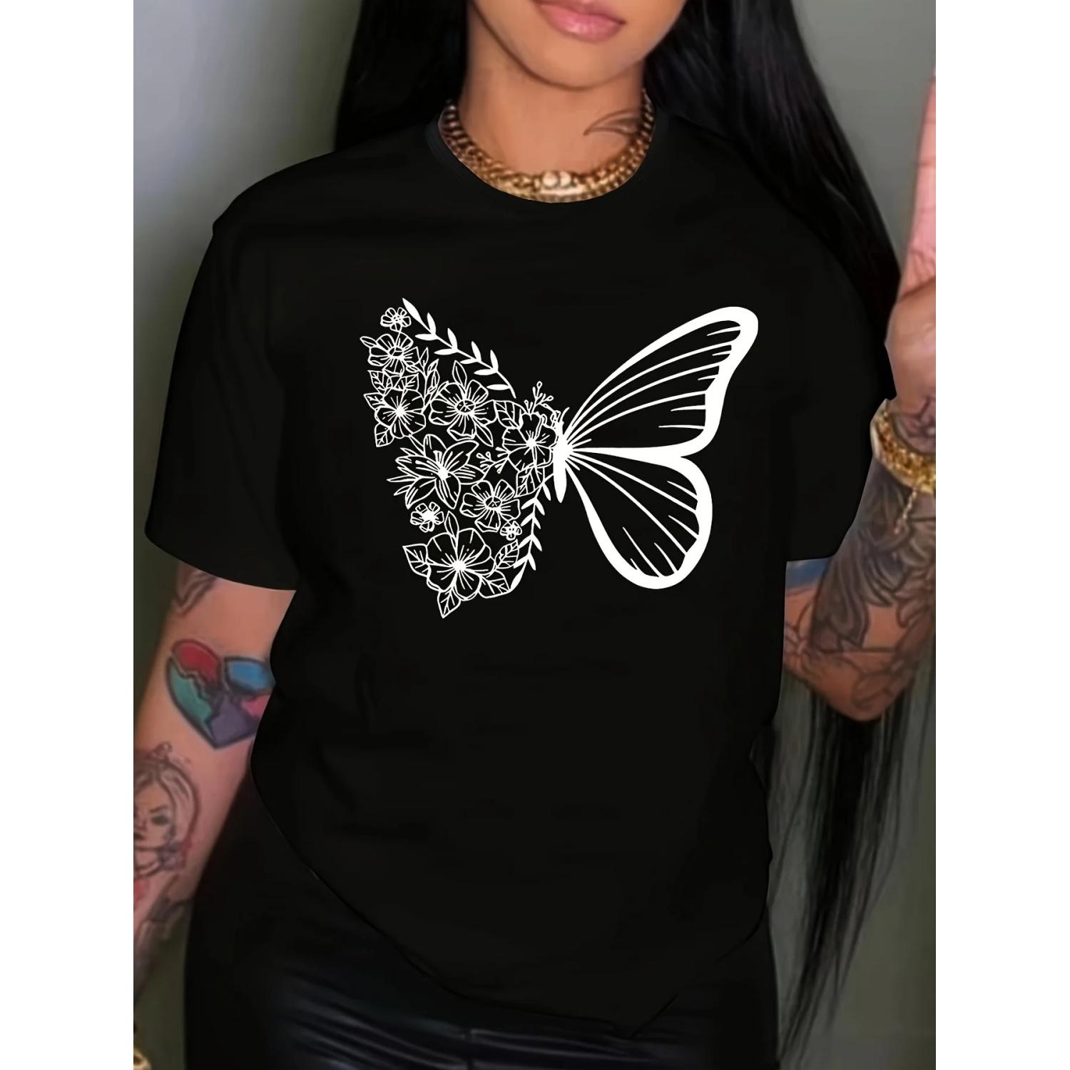 

Смесовая футболка с коротким рукавом и круглым вырезом, идеально подходящая для весны. Шикарная женская футболка с графикой бабочки. Удобная полиэстеровая эстетичная одежда. S чёрный