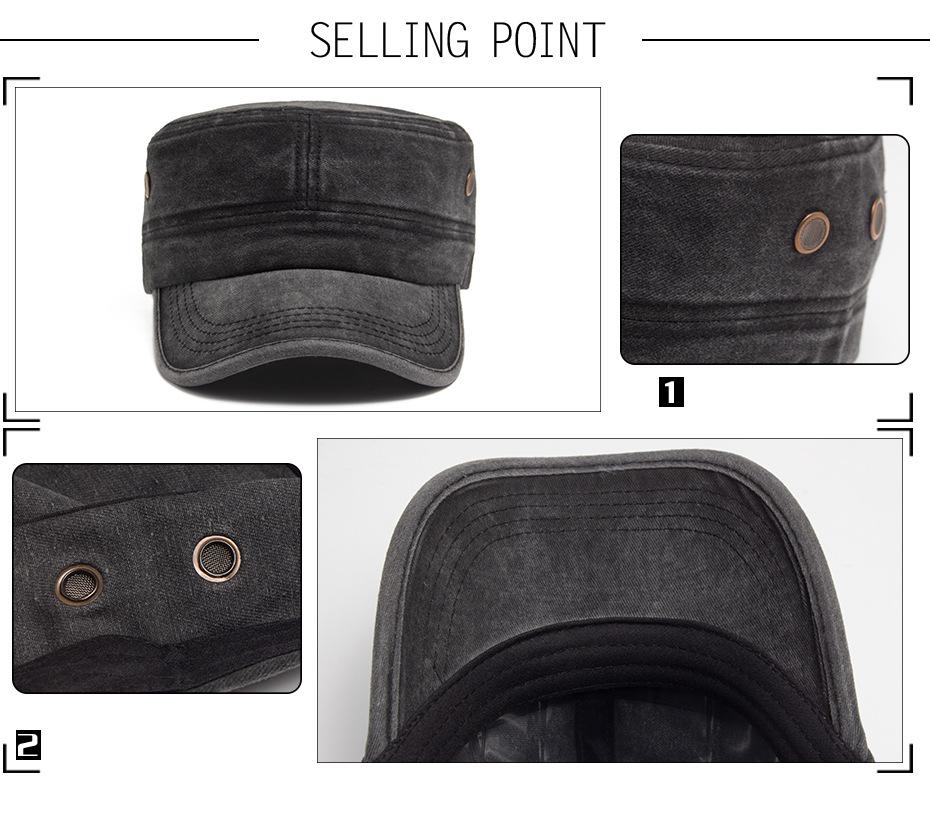 Men's Vintage Washed Cotton Flat Top Hat Sunshade Duckbill Cap for Outdoor and Military Use