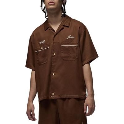 FW24 Letter Embroidery Brand Logo Pointed Collar Button Short Sleeve Shirt Men Shirts Brown HM5040-259