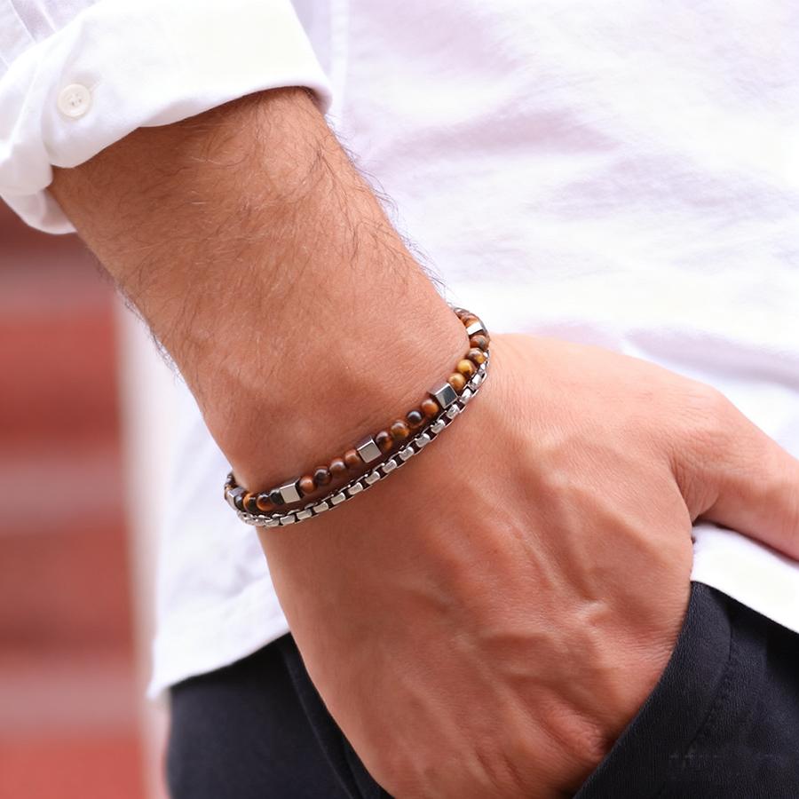 Stylish 2Pcs Men Bracelet Set 4mm Stainless Steel Cuban Chain Braslet Square Hematite Stone Healing Braclet Cycling Accessories