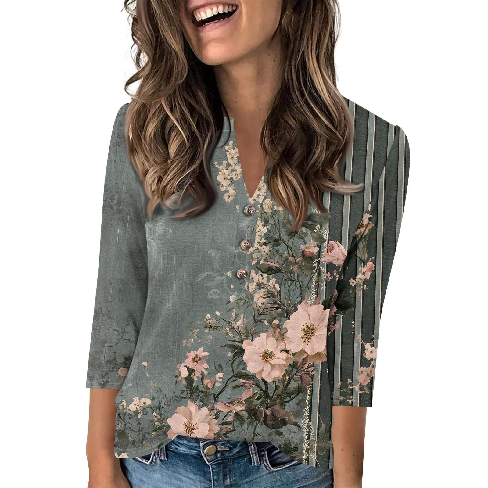 

Женский модный повседневный пуловер с рукавом 3/4, принтом на пуговицах и V-образным вырезом XXXL темно-синий