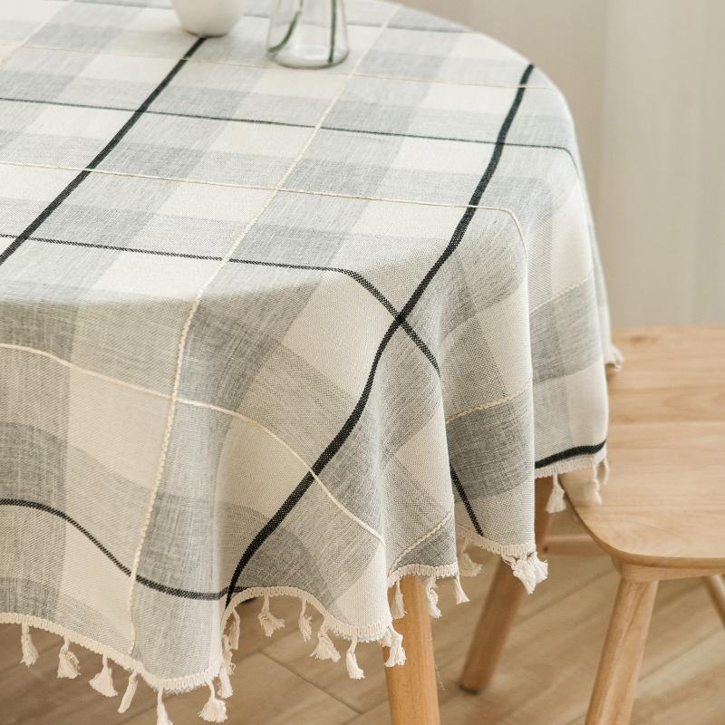 Round Tassel Plaid Tablecloth 150 X 150cm,Polyester Imitation Cotton and Linen Cotton Linen Fabric Table Cover Kitchen Dining Tabletop Decoration,1pc