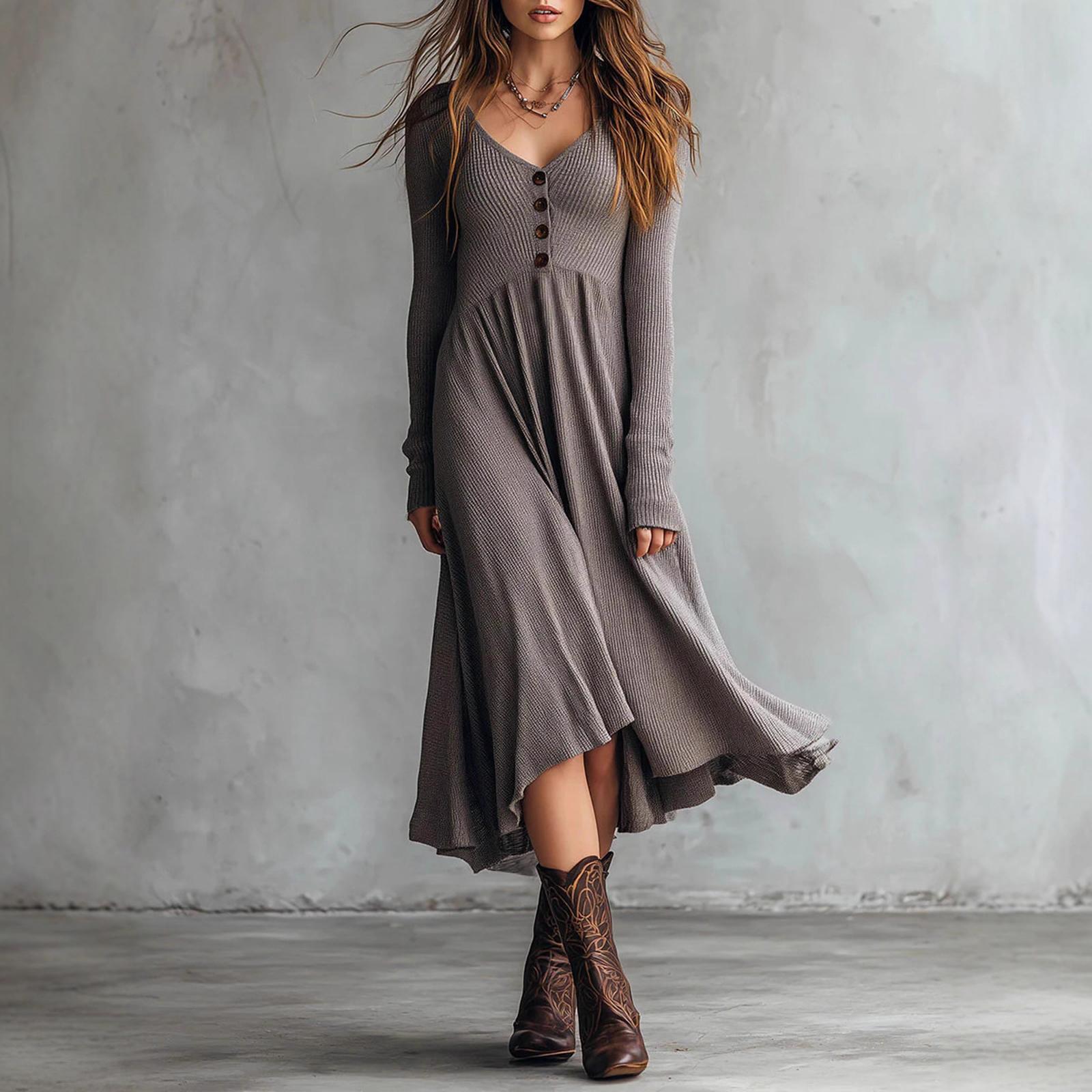 Ladies  Fashionable Casual Color Long Sleeved Dress L