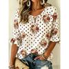 Women's Beige Gray Floral Print Tie Neck Blouse, Casual Loose Tops for Spring Summer Daily Wear & Vacation Occasions