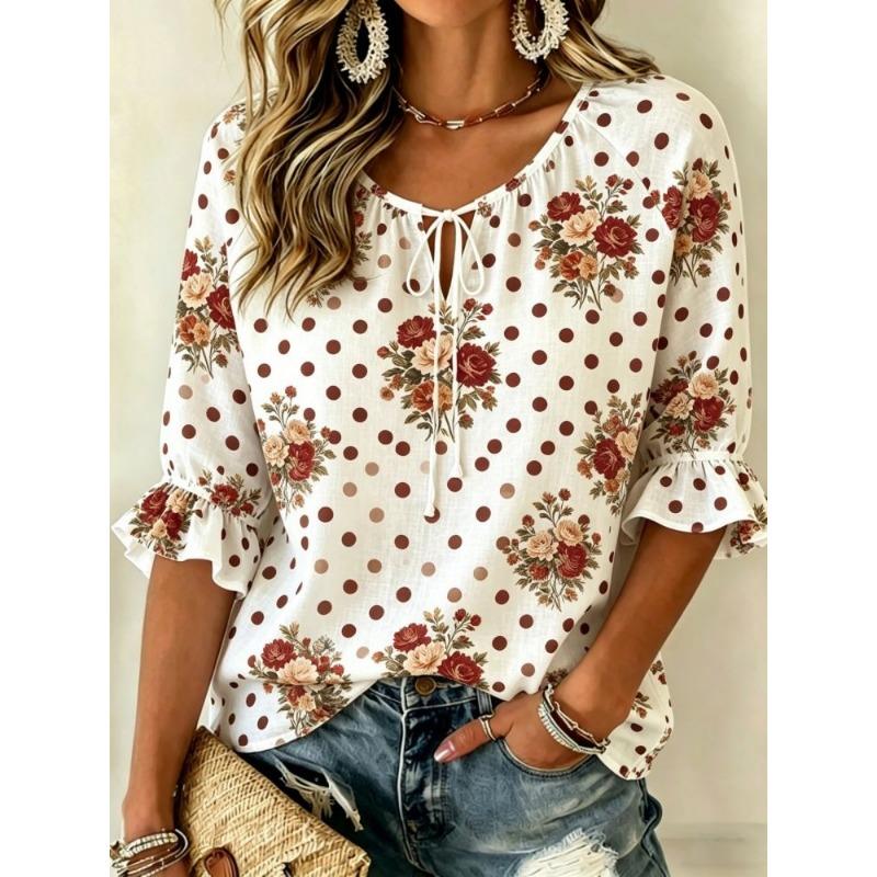 Women's Beige Gray Floral Print Tie Neck Blouse, Casual Loose Tops for Spring Summer Daily Wear & Vacation Occasions