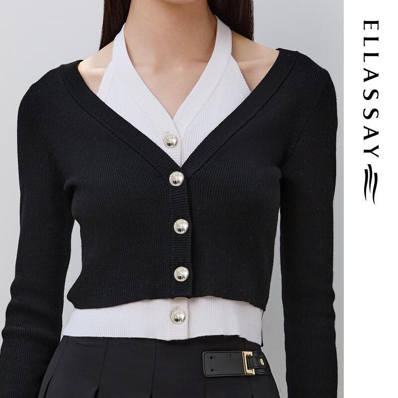 ELLASSAY 100% Merino Wool Faux Two-Piece Halter V-Neck Knit Sweater